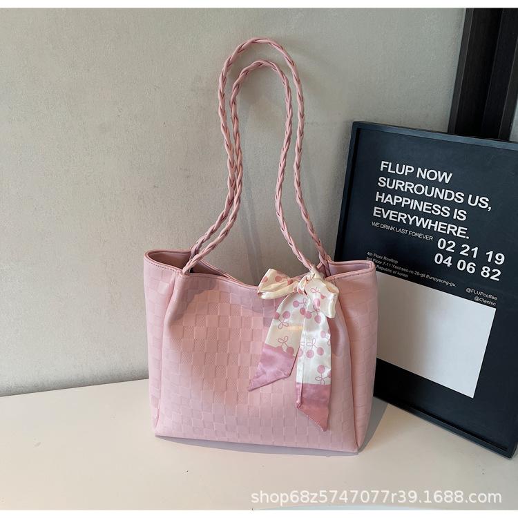 2025 Summer New Fashion Silk Scarf Portable Shoulder Large Capacity Tote Bag Women's Bag Simple Texture Armpit Bag