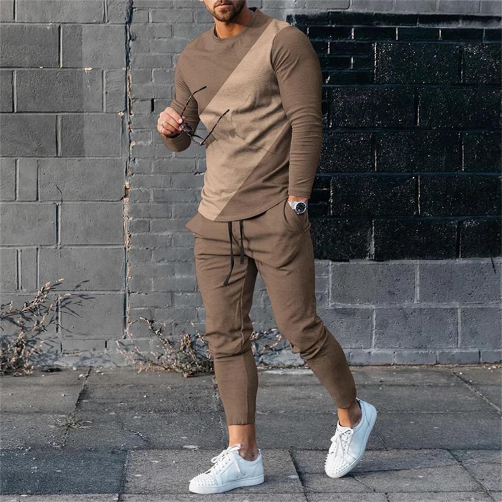 Мужской спортивный костюм, повседневный комплект из 2 предметов, футболка с длинным рукавом + длинные спортивные штаны, модные топы, футболки, наряды, свободная мужская одежда