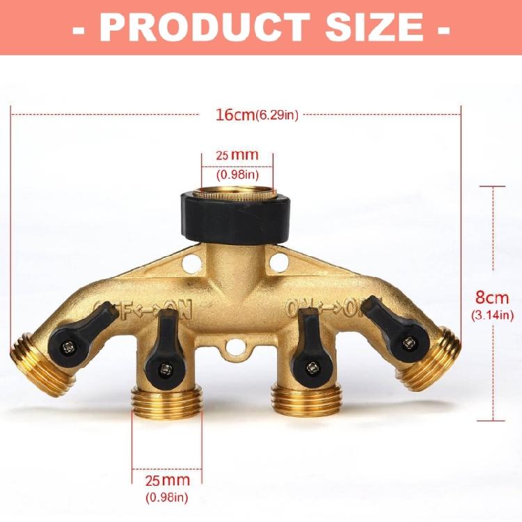 Brass 4 Way Hose Splitter for Outdoor Watering High Flowing Support Multiple Hose Connection Simultaneously Supplies