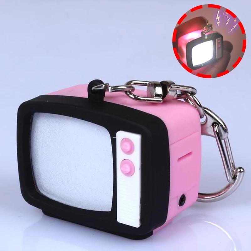 Retro TV Shaped Keychain with Light & Sound Miniature Television Tv Model Toy Pendant for Bag Charm Key Ring Chain