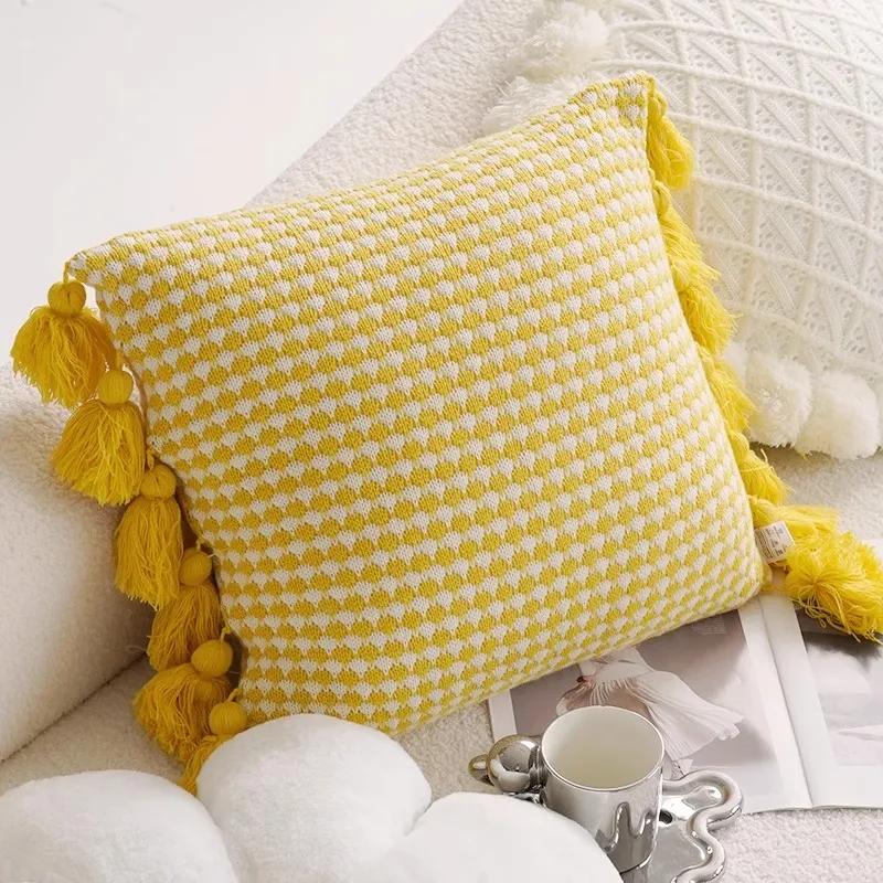 Домашнее украшение Вязание Чехол для подушки Мятно-зеленый наволочка с кисточками Современный диван Гостиная Подушка для талии Подушка для головы Круглая подушка для кровати