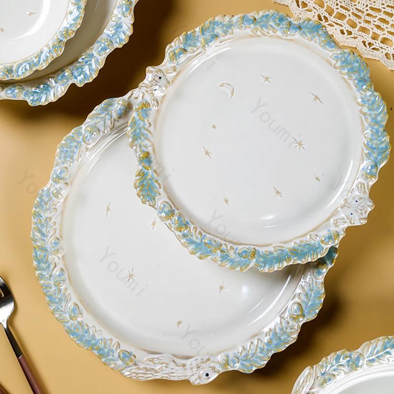 Рельефные обеденные тарелки во французском стиле, легкие, роскошные, креативные, керамические тарелки, десерты, салатники, изысканная домашняя посуда