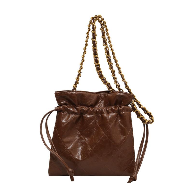 Ielgy Soft Leather Drawstring Bucket Bag Retro Chain Shoulder Crossbody Fashion Embroidery Thread Pouch
