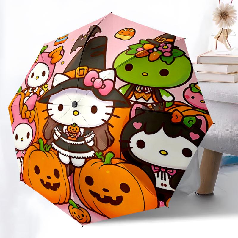 1pc Hello Kitty Halloween Pumpkin Carving Automatic Opening/Closing Umbrella with Foldable Design, 8-Bone Iron Frame Outdoor Umbrella for Festive Gift