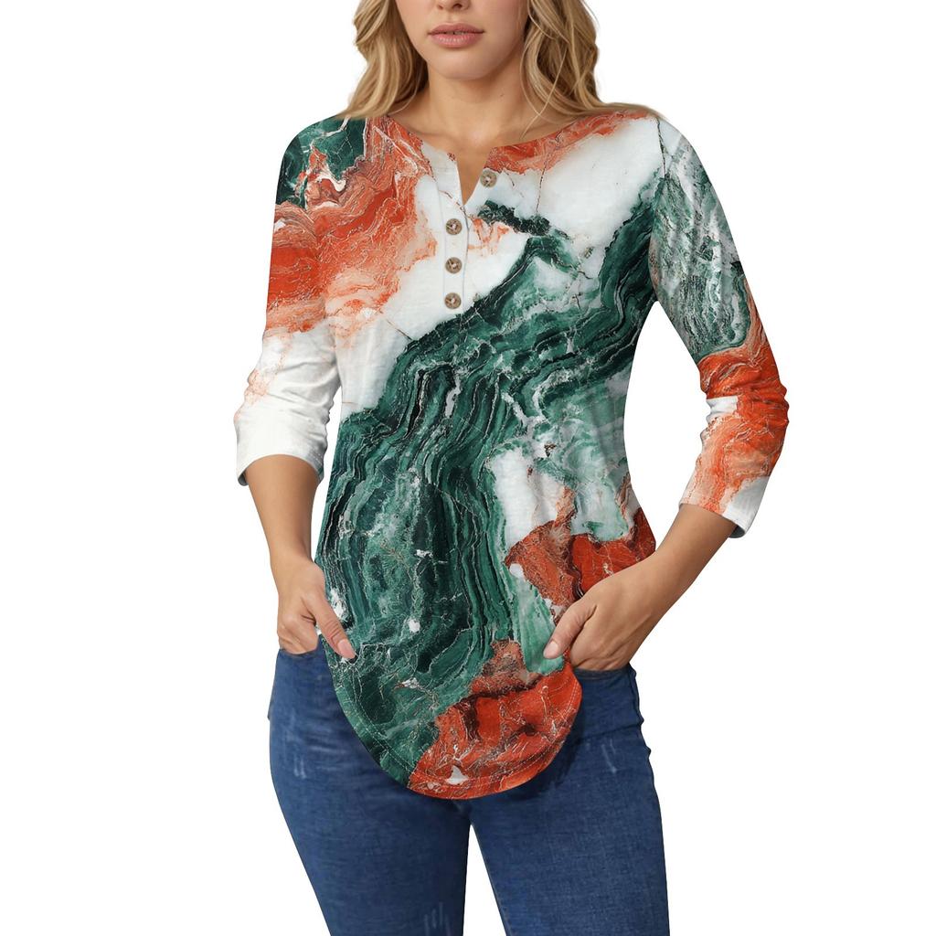 3/4 Length Sleeve Womens Tops Summer T-Shirts Floral Print V Neck Casual Basic Tee Button Shirts Tunic Tops