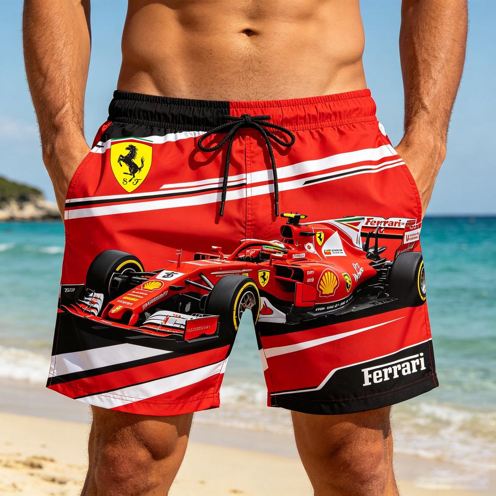 2026 Пляжные шорты Ferrari Racing Print Быстросохнущие Летние Спортивные Board Shorts На шнурке