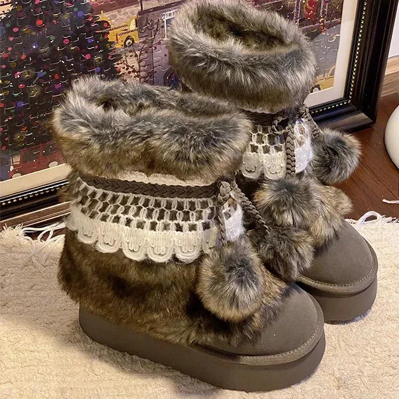 Bow Fur Snow Boots Women Platform Ankle Shoes Winter Suede Flats Warm 2025 New Brand Fashion Sweet Chelsea