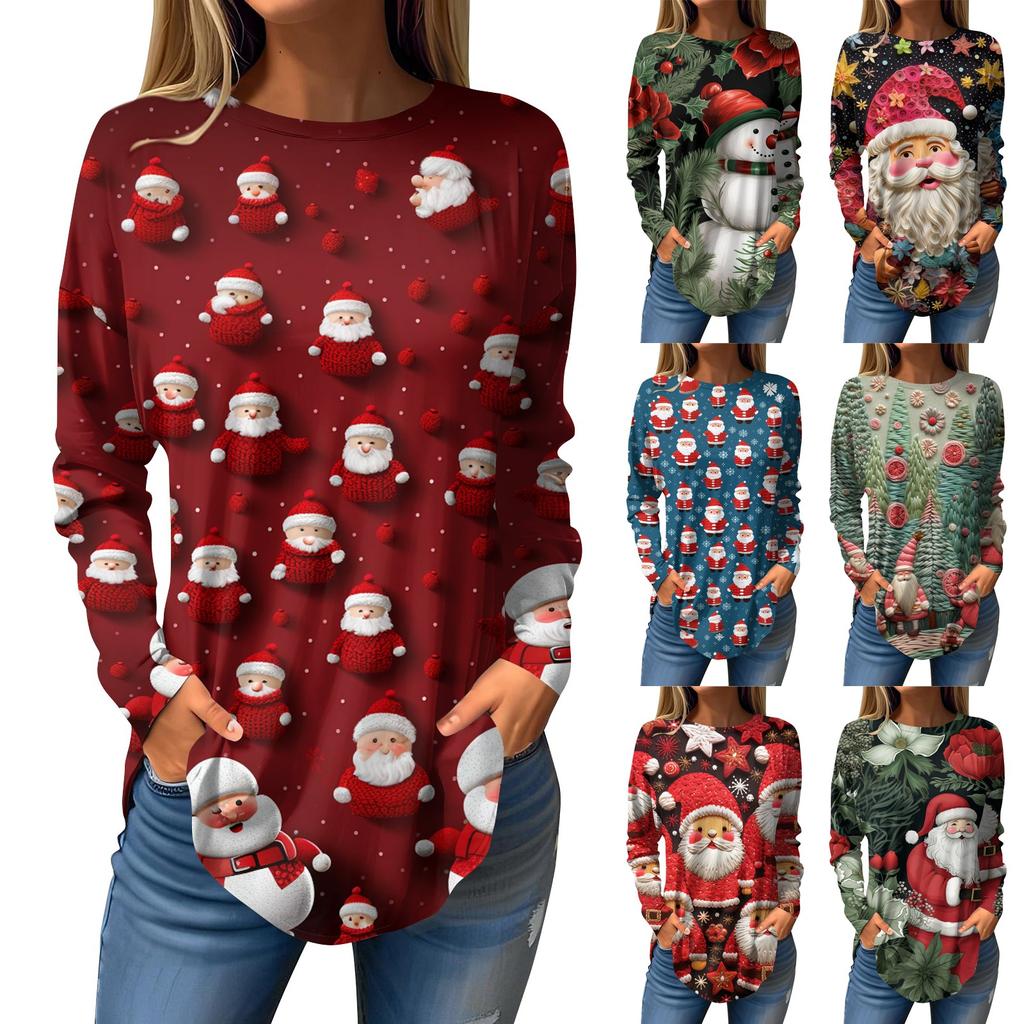 Women's Loose Round Neck Christmas Printed Long Sleeved T Shirt Top Pullover Long Sleeved Sweatshirt