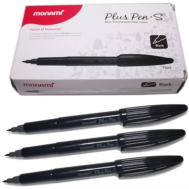 Monami Plus Pen S на водной основе, фетровый наконечник, тонкая ручка-подводка, черные чернила (12 шт.)