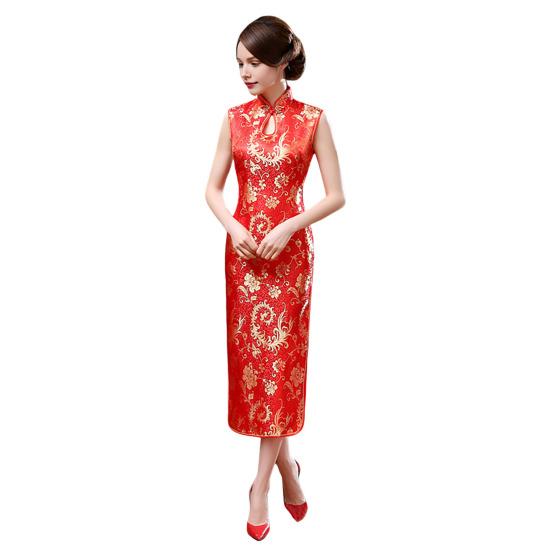 Women Summer Cheongsam Stand Collar Floral Print Hollow Out Split Hem Sleeveless Qipao Slim Fit Retro Chinese Style