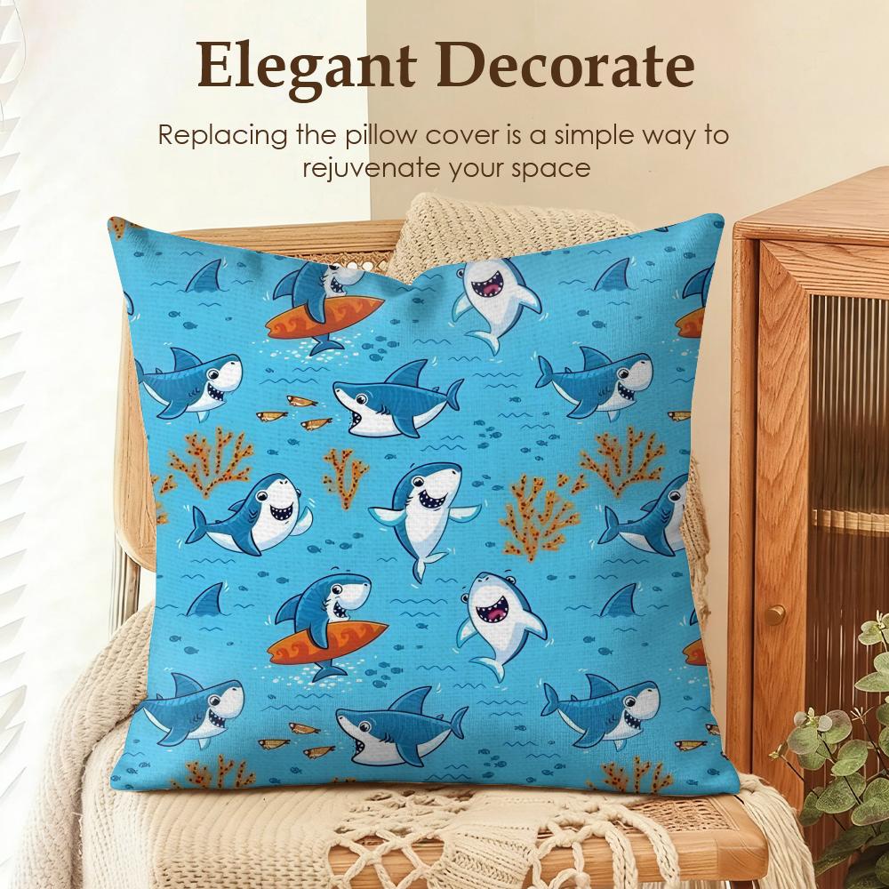 Cute Shark Pattern Cushion Cover Natural Linen Organic Fabric DoubleSided Printing Sofa Home Decor Gift Pillow Case