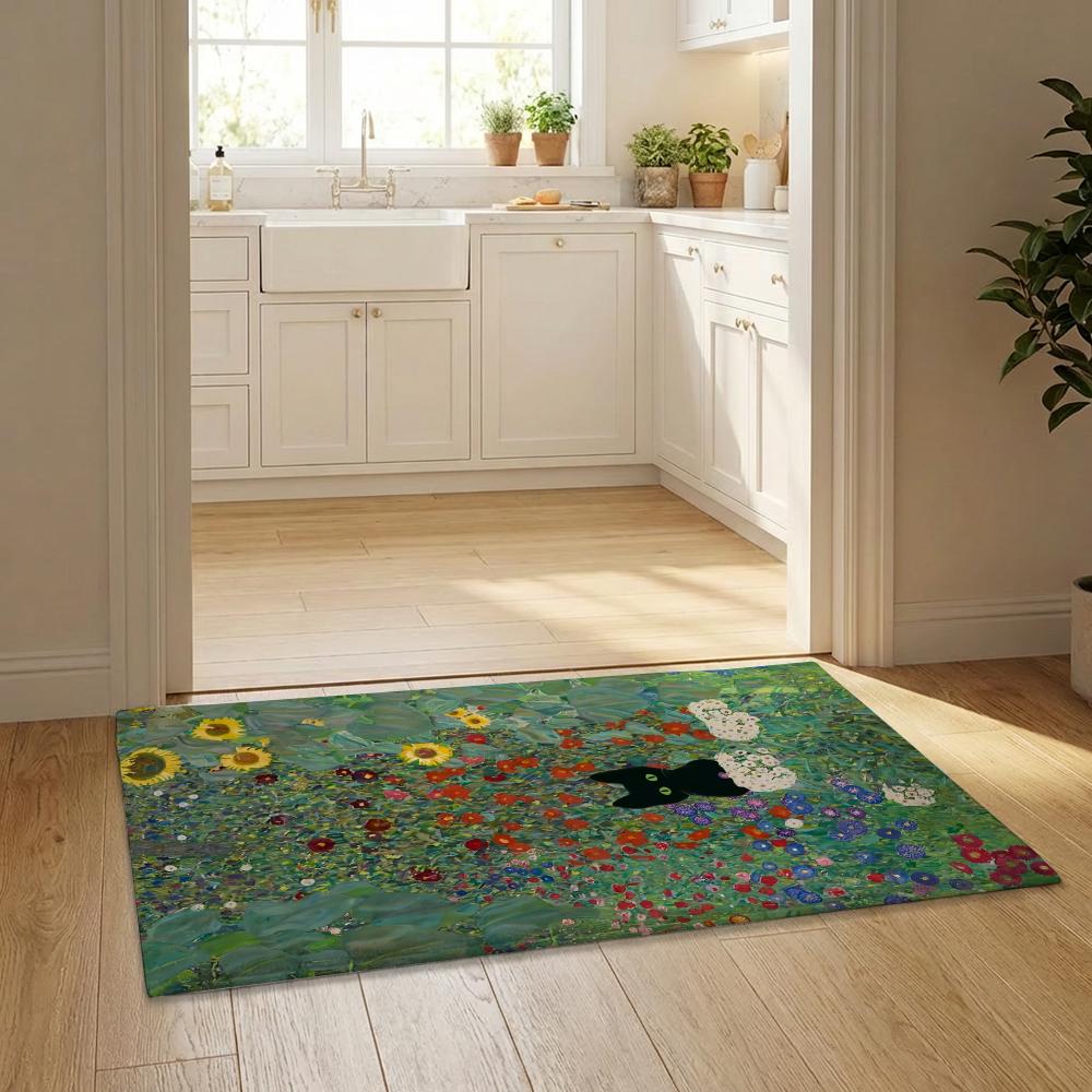 G-Gustav Klimt Print Starry Night Floor Mat Flannel Door Mat Non-Slip Bedroom Living Room Home Decor