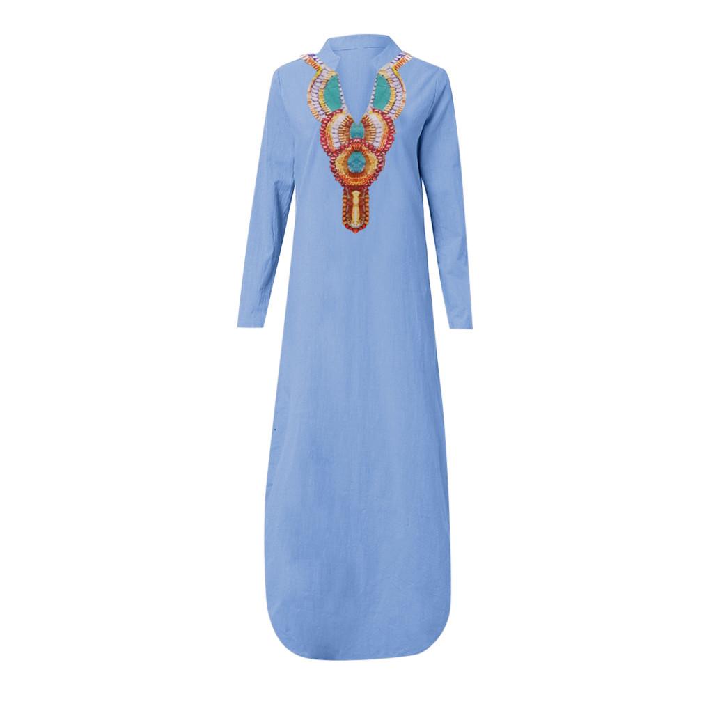 Женское платье макси с длинными рукавами и v-образным вырезом с принтом, мешковатый кафтан с разрезом по краю, длинное платье