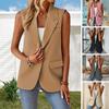 2024 Women Blazer Waistcoat Lapel Single Button Sleeveless Formal Business OF Commute Straight Patch Pockets Solid Color Mid Length Lady Suit Coat