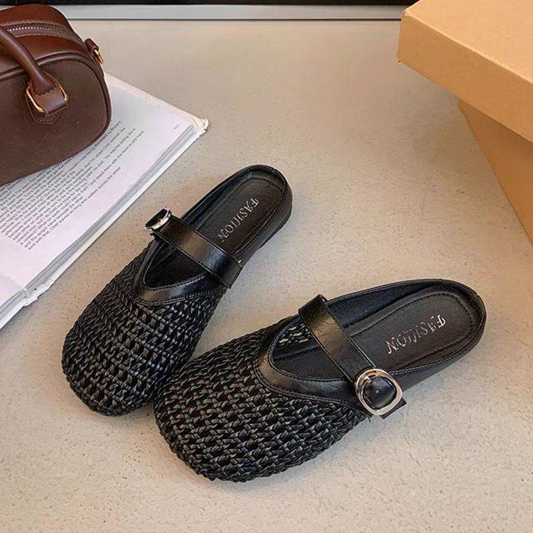 Полые тапочки-полуслипперы с сумкой на подъеме женские дышащие новые летние сетчатые для улицы с мягкой подошвой тапочки плетеные с неглубоким вырезом на плоской подошве сандалии
