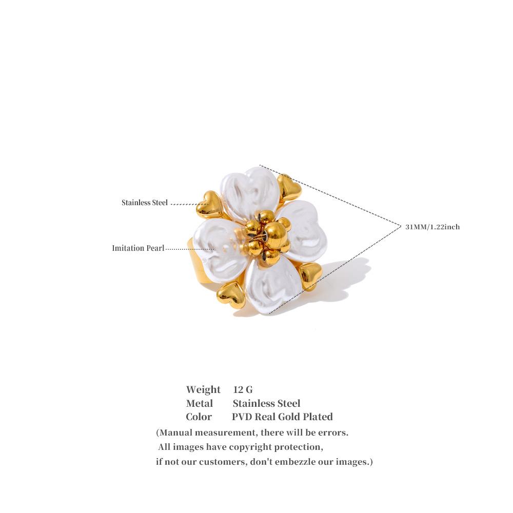 Eetit #7 Stainless Steel Imitation Pearls Flower Golden Handmade PVD Ring Trending Metal Fashion Elegance Popular Jewelry Gift