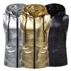 Men Vest Hooded Drawstring Sleeveless Waistcoat with Pockets Shiny Solid Color Zipper