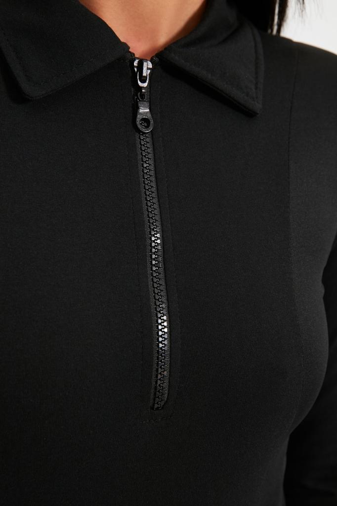 Women's Fashion New Bodysuit Black Zippered Polo Neck Fitted Stretchy Knitted Bodysuit with Snap Fasteners