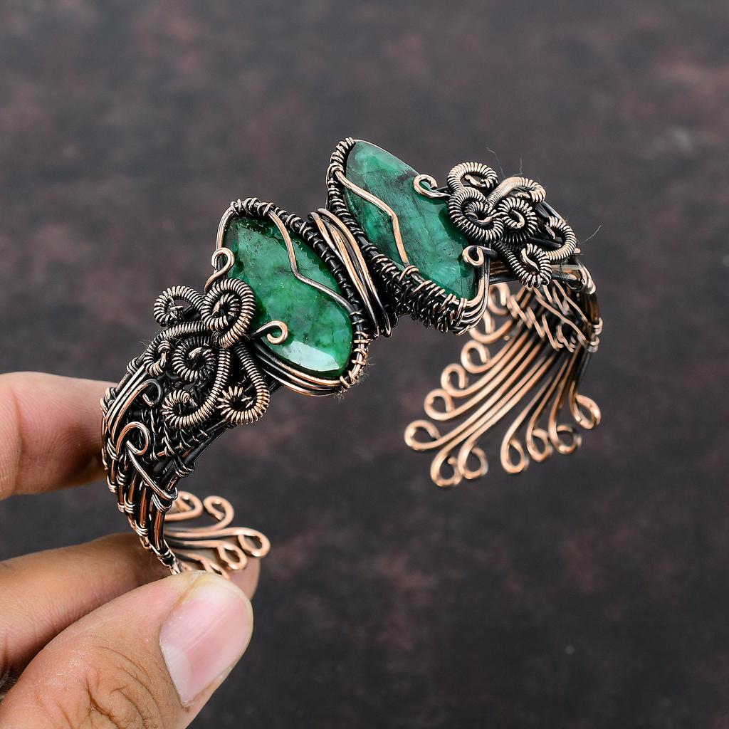 Браслет-манжета с граненым замбийским изумрудом, браслет с драгоценными камнями, медная проволока, регулируемый браслет, медные ювелирные изделия, браслет для подарка, ювелирные изделия ручной работы