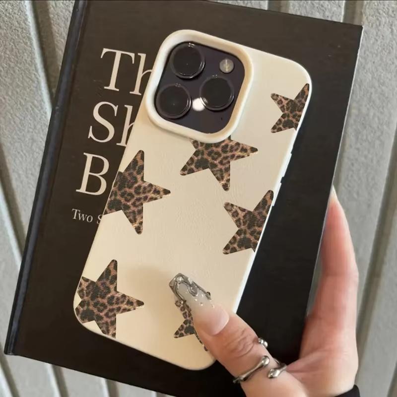 Leopard Print Stars Lychee Texture Phone Case For iPhone 11 12 13 14 15 16 17 Pro Max 17 Air 15 14 Plus X XS XR 16E Soft Cover