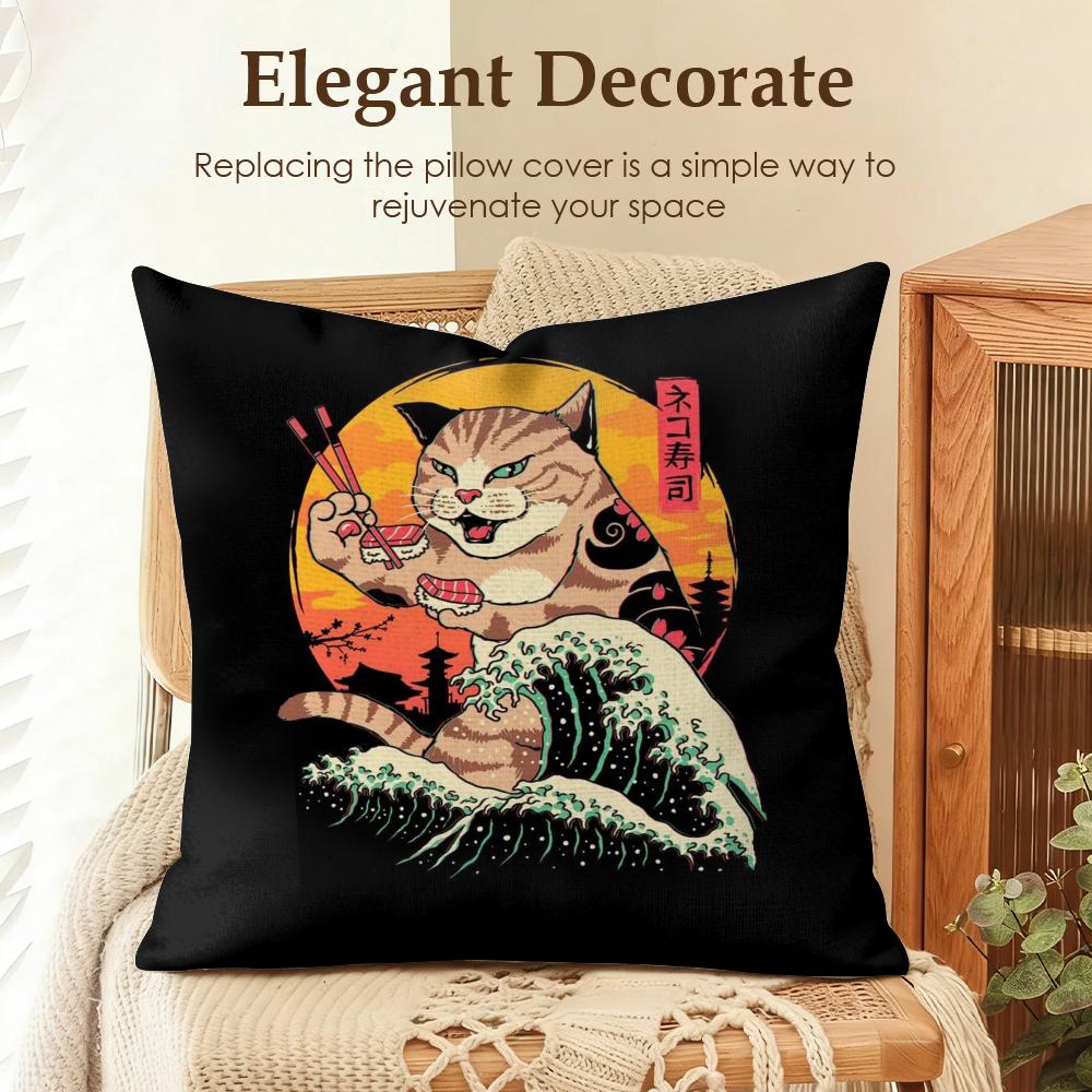 Japanese Style Cat Cushion Cover Natural Linen Organic Fabric DoubleSided Printing Sofa Home Decor Gift Pillow Case