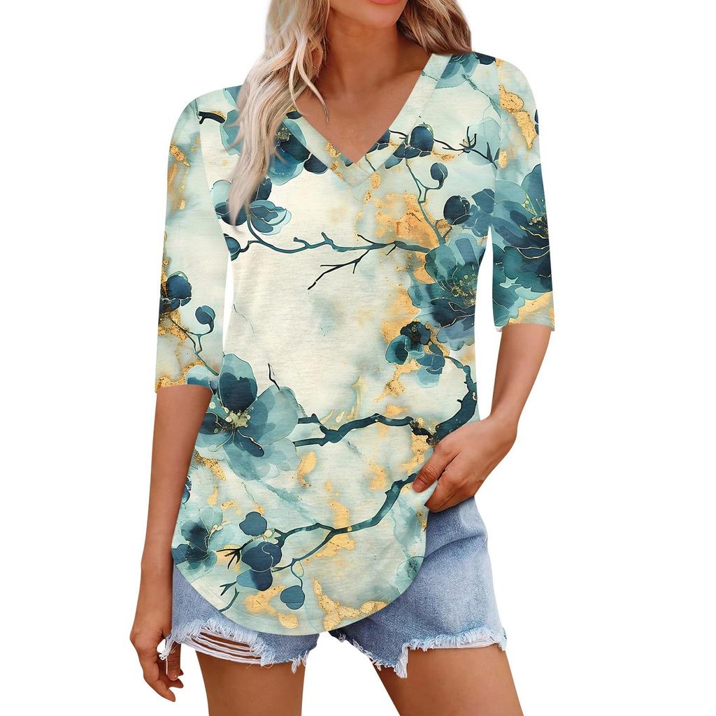 Shirts For Women Trendy V Neck T Shirts Casual Printed Blouse Half Sleeve Tops For Women