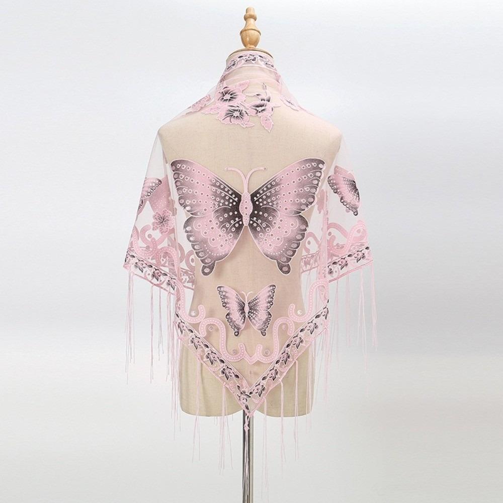 Butterfly Lace Hollow Scarf Polyester Mesh Scarves Elegant Tassel Triangle Shawl Church
