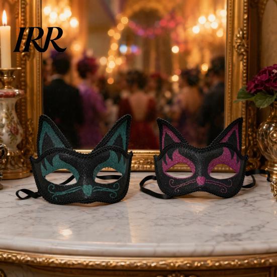 Breathable Halloween Mask Cat Half Face Mask, Glitter Venetian Masquerade Ball Accessory Rhinestone Ear for Party Costume Cosplay
