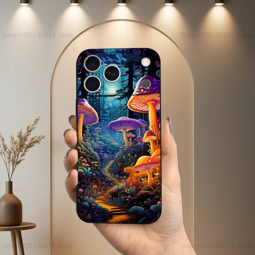 Trippy Plant Mushroom Case For iPhone 12,14,15,16,17,13,11,X,Mini,Plus,Pro Max,8,7,XR,SE,XS,Soft Silicone Black