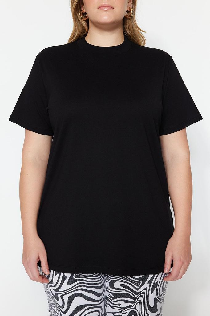 Women's Style Plus Size White Navy Blue Ribbed Collar Boyfriend Knitted T-shirt