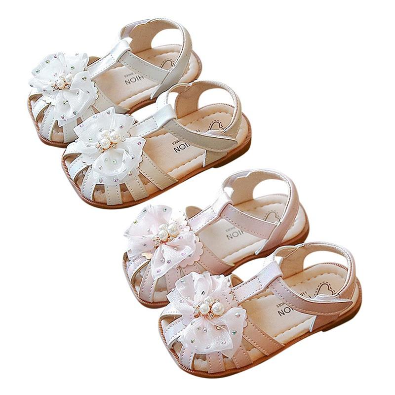 Летние детские удобные модные уличные пляжные туфли в пасторальном стиле с жемчужной сеткой и бантом, с мягкой подошвой, летние сандалии