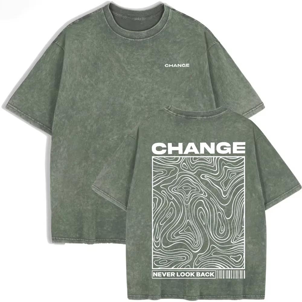 "CHANGE" Topographic Line Art Print Vintage Washed Beige Casual Graphic T Shirt