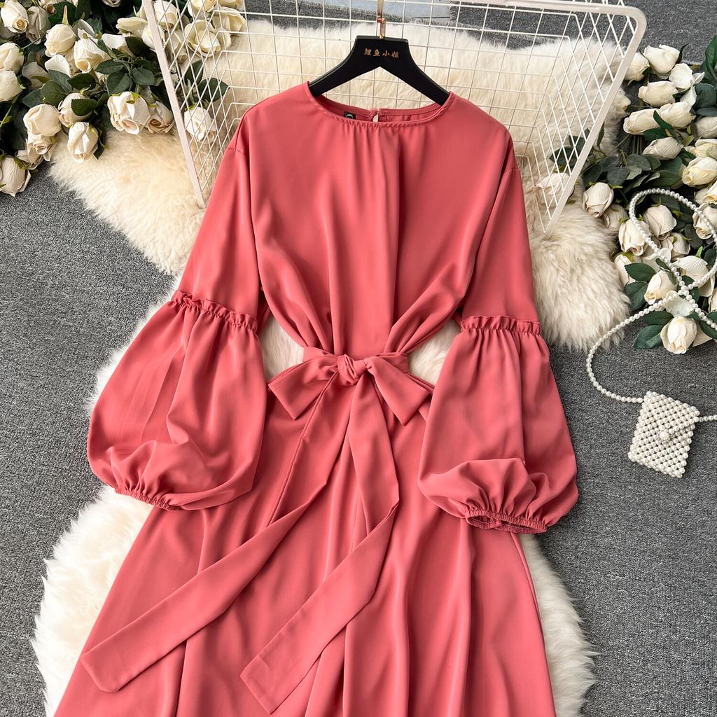 Женские винтажные милые платья средней длины с высокой талией А-силуэта с круглым вырезом и рукавами-фонариками на шнуровке Vestidos весна-лето Женское платье