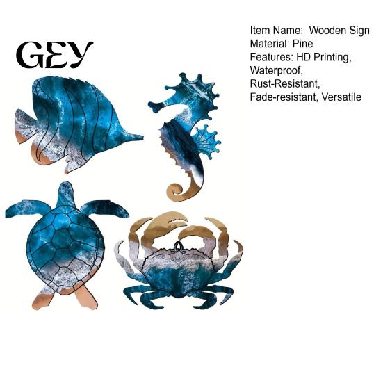 Tropical Fish Wall Plaque 4 Pcs Summer Wooden Sign, Coastal Ocean Animal Hanging Decor, Cute Sea High-definition Printed Sign Turtle Crab Seahorse for