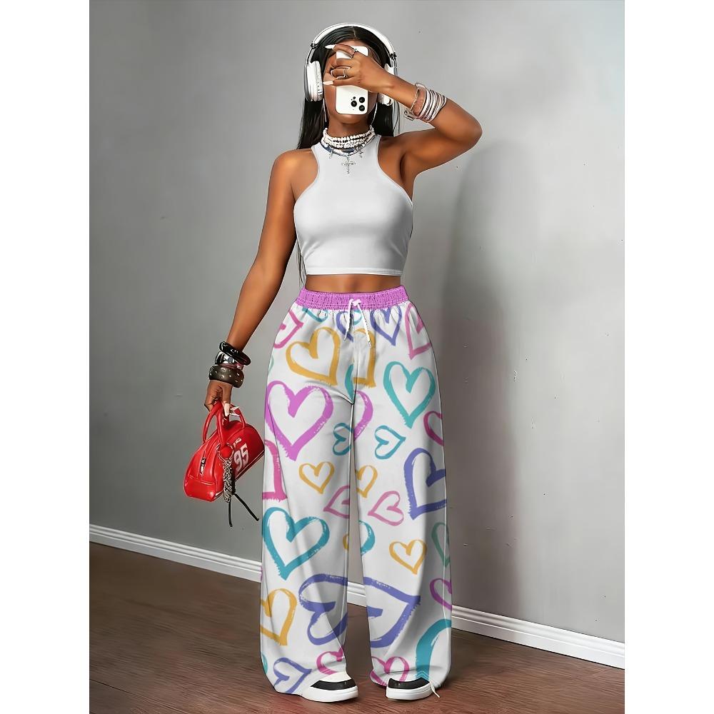 Women's wide-leg pants, drawstring stretch high-waisted straight-leg pants, macaron color heart-shaped full body print