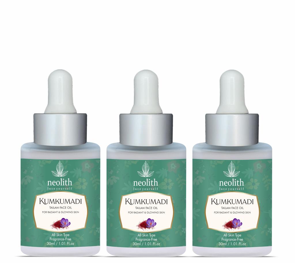 Neolith 100% органическое масло для лица Кумкумади, придающее сияние коже, с экстрактами шафрана, сандалового дерева, ветивера, куркумы и лотоса для тусклой кожи и темных пятен.