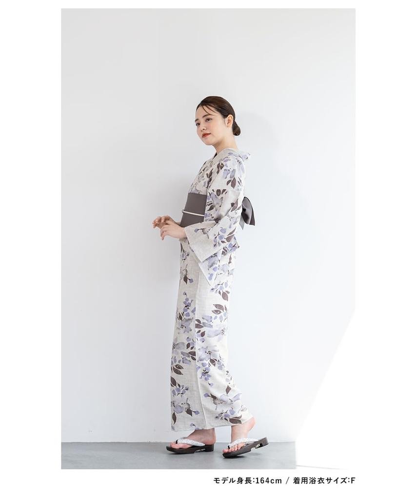 SOUBIEN Yukata Set and Geta One Size Fits Gray with Purple and Cherry Blossom Women's 3-Piece (Yukata, Half-Width Obi, Sandals), Moisture-Wicking,