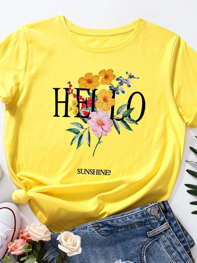 Hello Sunshine Flower Print Women T Shirt Short Sleeve O Neck Loose Women Tshirt Ladies Tee Shirt Tops Clothes Camisetas Mujer