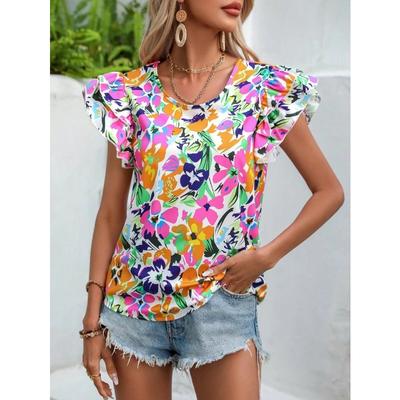 Женские модные повседневные летние весенние блузки и рубашки с цветочным узором и коротким рукавом с круглым вырезом