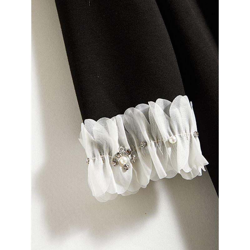 Цифровая резка Трехмерный воротник-лепесток Черное платье! Женское осенне-зимнее платье из смесового хлопка с драпировкой, оборкой «рыбий хвост», длинными рукавами и карманами