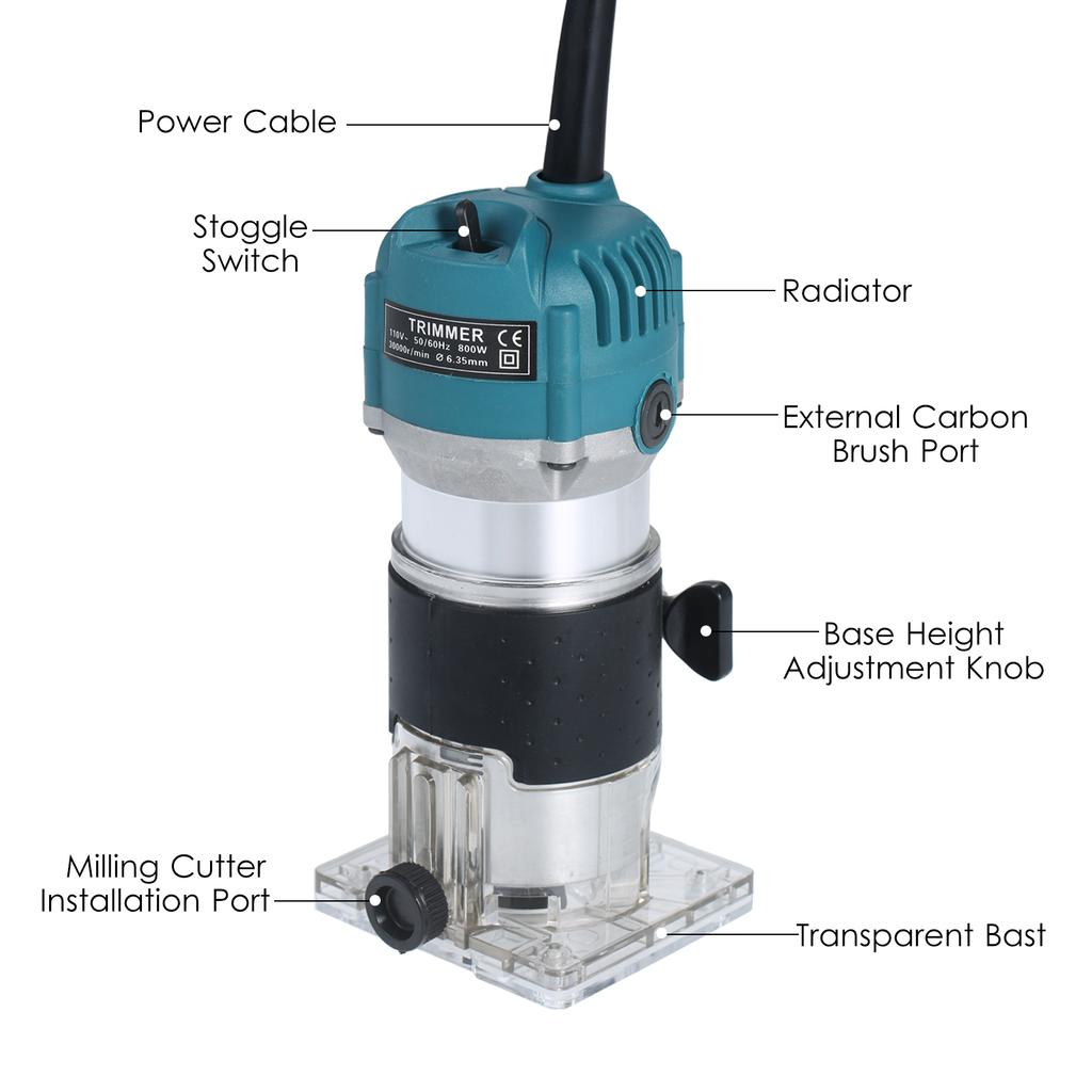 800W Compact Wood Router Tool  Set 220V Electric Trimmer Wood Router with 15pcs Router Bits