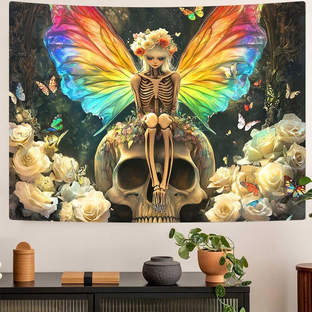 Skull TapestryPink Flowers Blue Butterfly Tapestries Skeleton Art Abstract Aesthetics Wall Hanging Decor for Bedroom Living