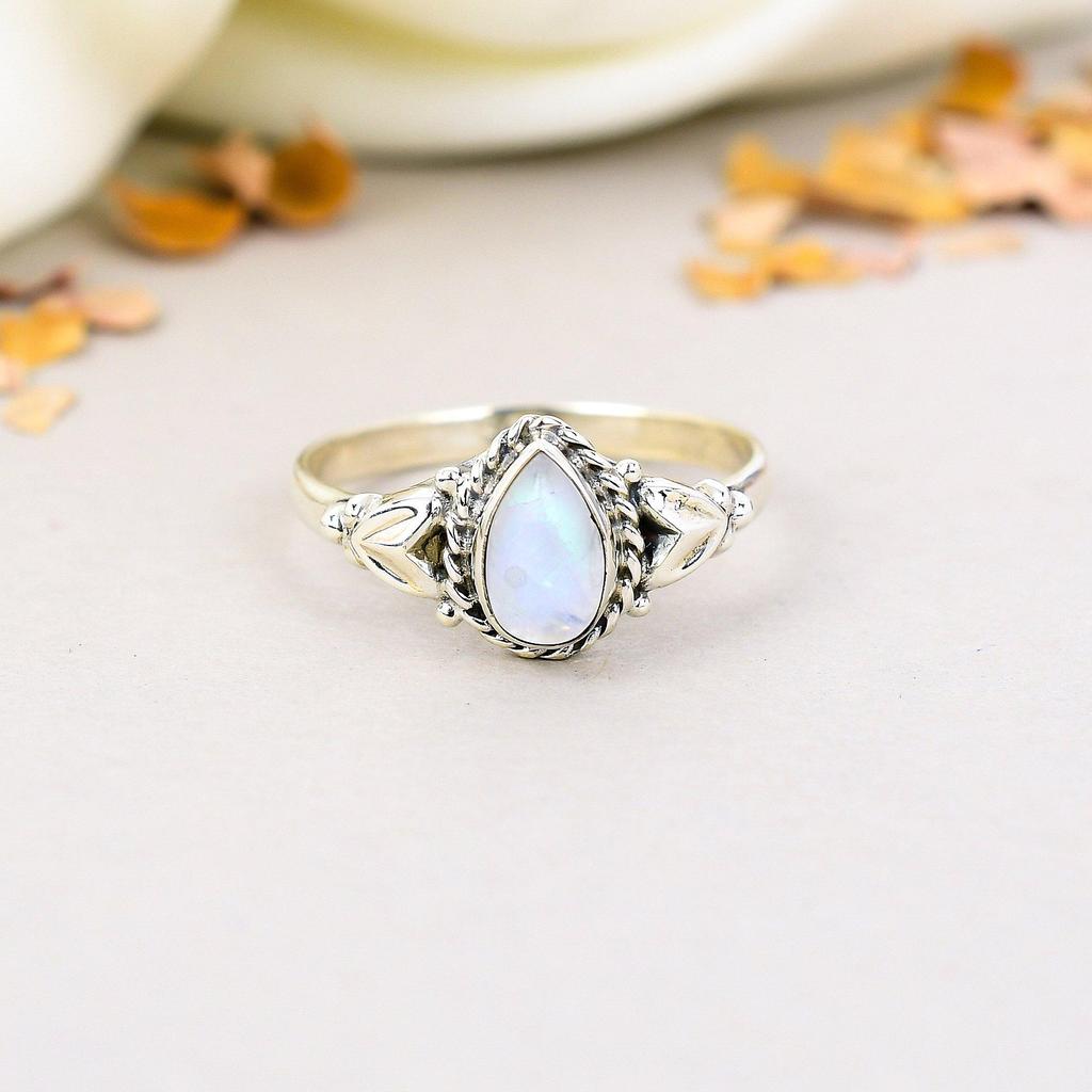 Кольцо ручной работы с радужным лунным камнем в стиле бохо из стерлингового серебра 925 пробы с драгоценными камнями в форме груши для женщин