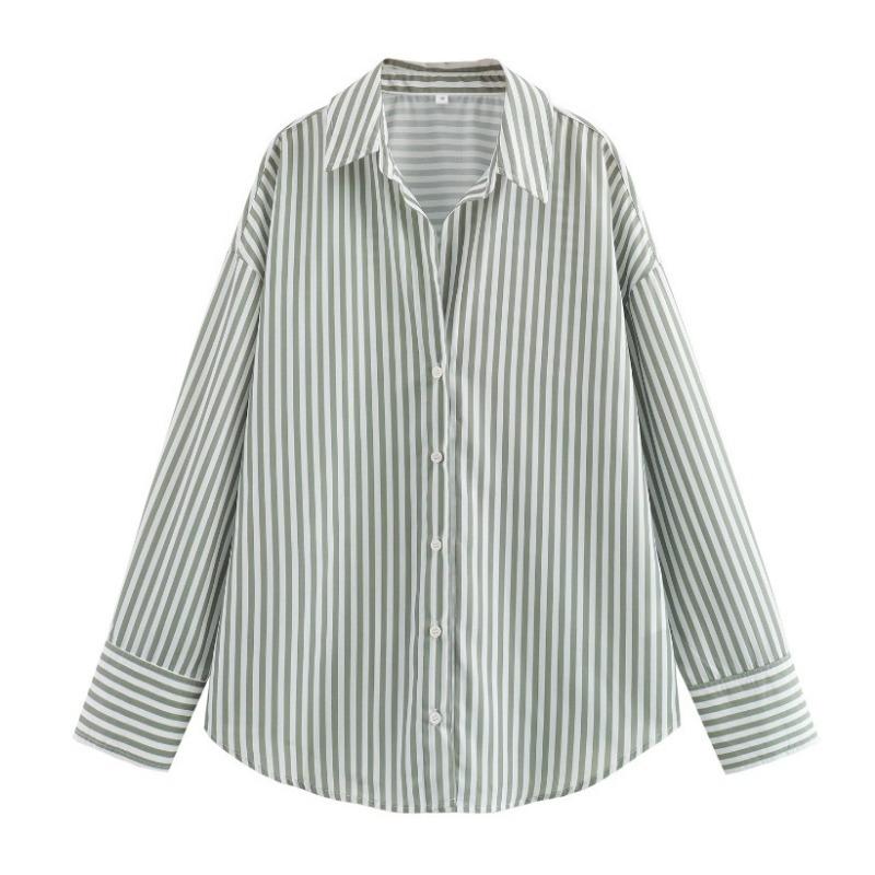 Women S Loose Fit Long Sleeve Collared Striped Casual Shirt