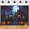 1pc Gothic Halloween Party Backdrop with Night Moon Castle Witch Pumpkin Dustproof Banner for Halloween Themed Party Decoration
