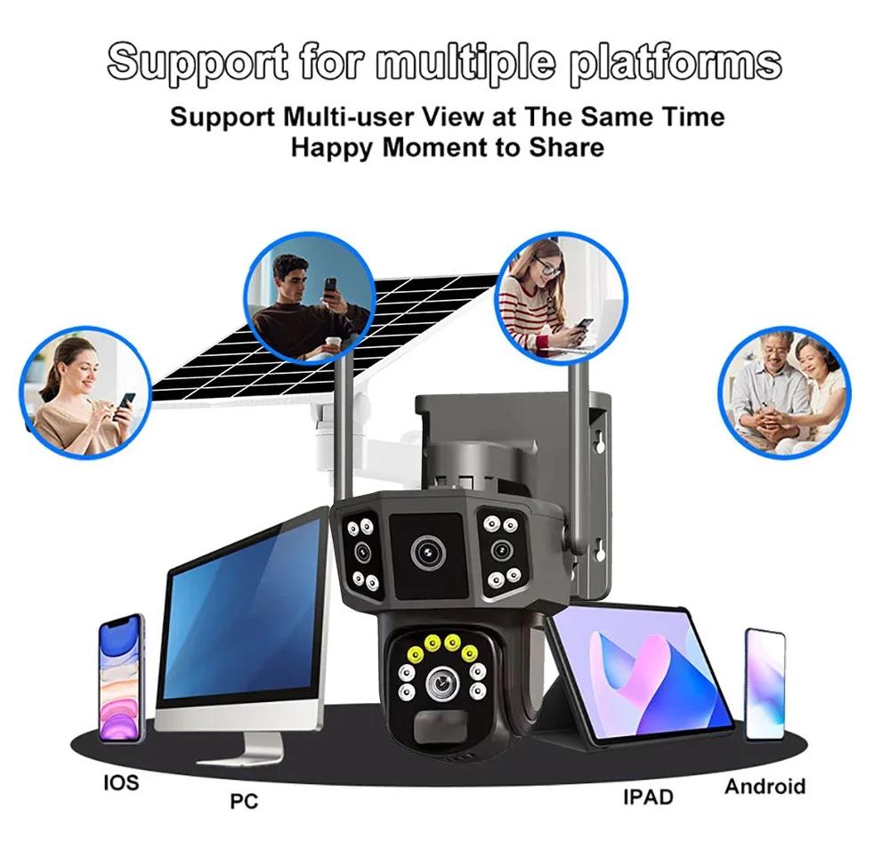 4K 8MP HD Dual Lens 4G SIM Solar Camera PTZ Auto Tracking Three Screens Outdoor Security Surveillance WIFI CCTV IP Cameras V380 APP