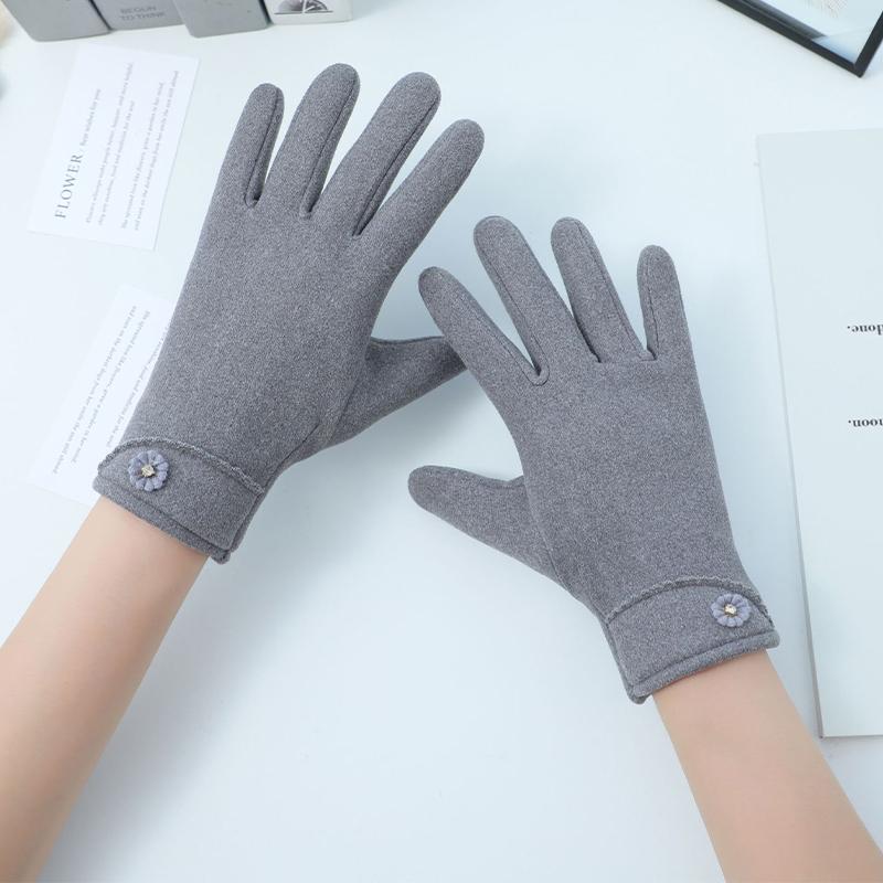 Solid Color Suede Gloves Small Flower Decor Touch Screen Gloves Winter Warm Cold-proof Split Finger Gloves