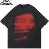 Мужская футболка вымытого черного цвета Harajuku Streetwear Красное лицо Графическая футболка Хлопок Винтажная футболка Хипстерские топы Футболка Унисекс YK
