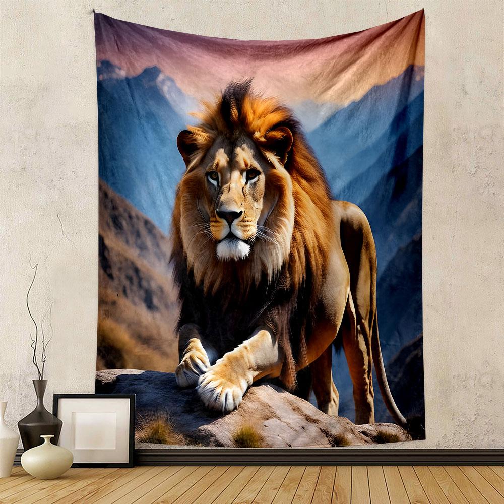 Majestic Lion in Mountain Sunset Scene Patterned Tapestry Decorative Wall Hanging, Home Bedroom Living Room Decor
