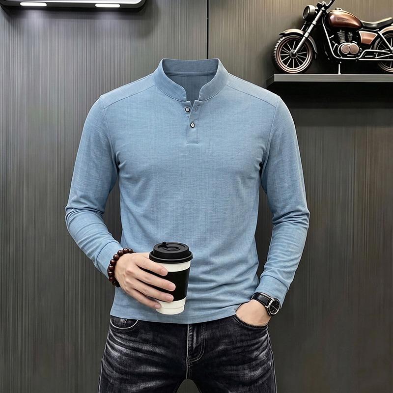 Men S Stand Collar Long Sleeve T Shirt Solid Color Casual Business Base Layer